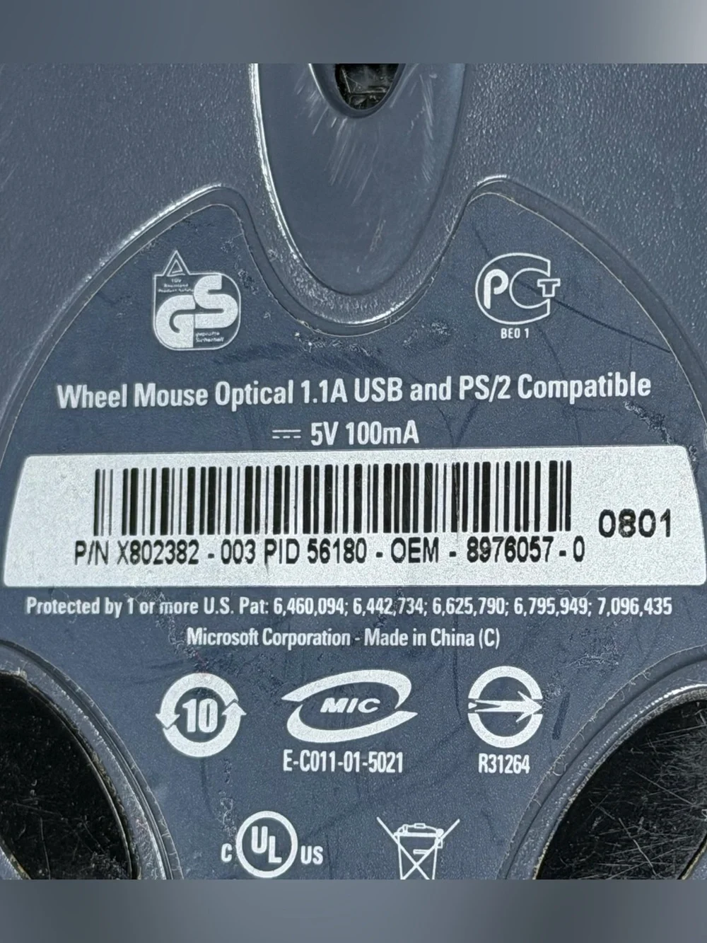 Vintage Microsoft Wheel Mouse Optical 1.1A Wired USB X802382-003 TESTED